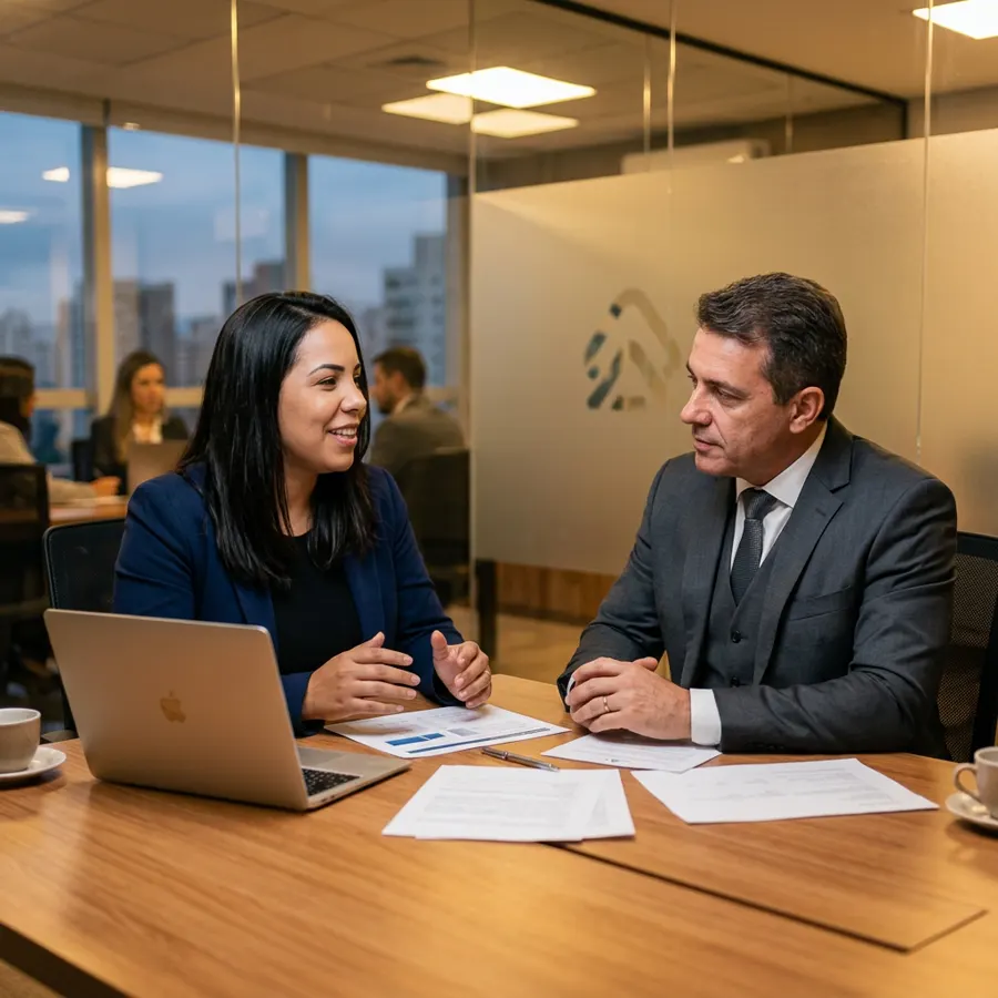 Empresário conversando com seu gestor sobre relatórios dentro da empresa