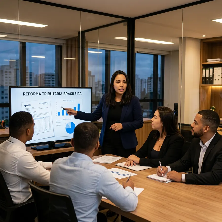 Responsável por escritório contábil orientando sua equipe em uma reunião